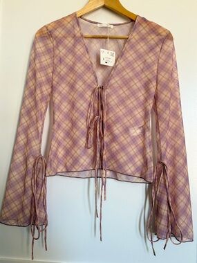 ZARA Plaid Mesh Tie Front Blouse Pink Yellow Sheer Bell Flare Sleeve Top S NWT